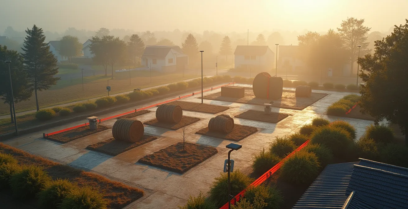 Vue aérienne d'un chantier d'aménagement paysager avec jalons de progression et zones délimitées selon le plan tridimensionnel