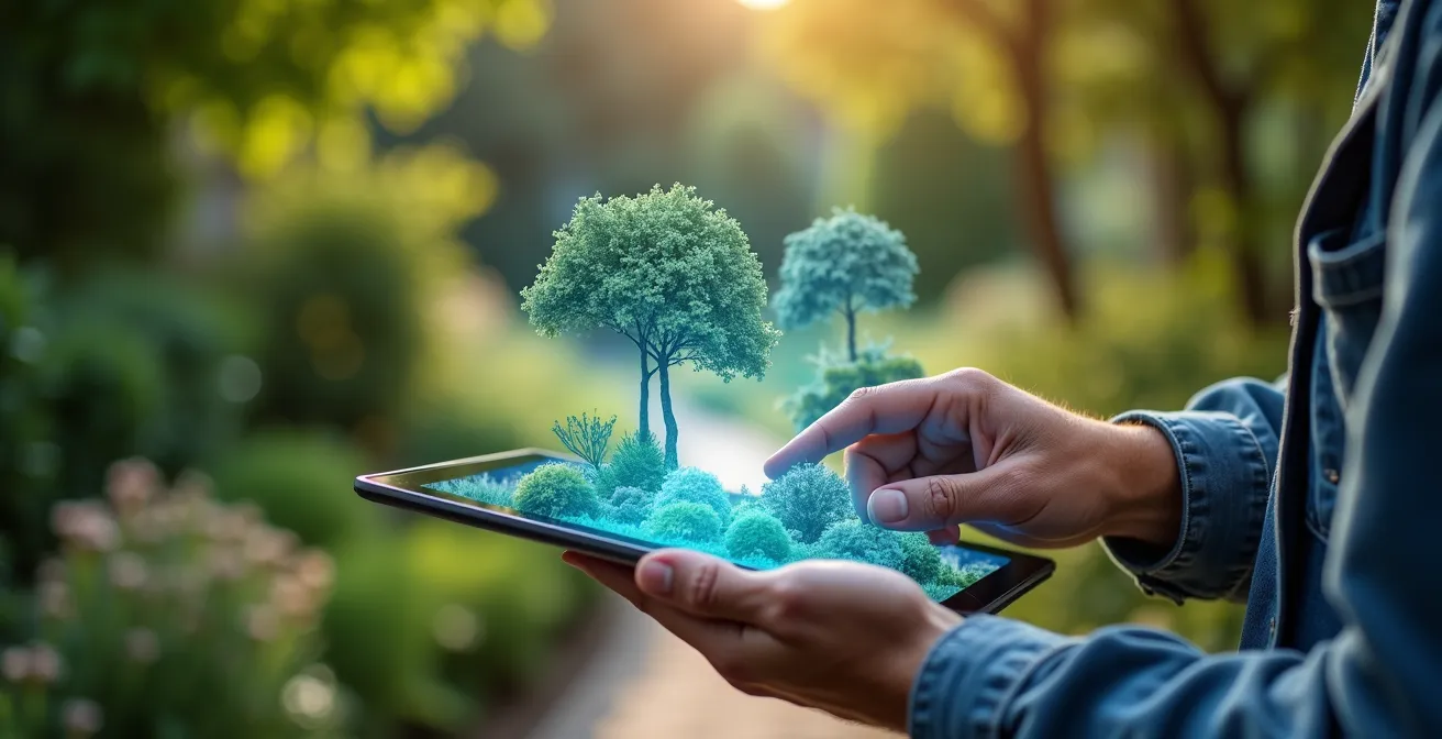 Professionnel comparant sur tablette le rendu tridimensionnel avec le jardin réel en arrière-plan