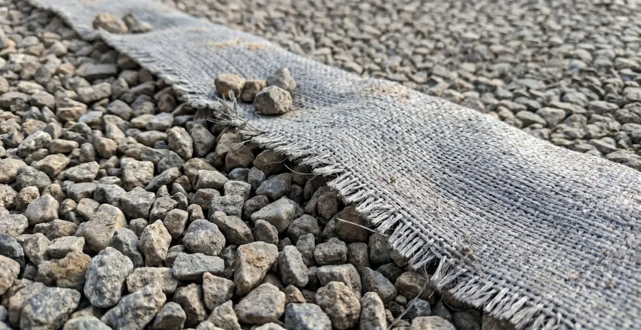 Détail rapproché montrant la texture du gravier drainant et la trame du géotextile utilisés sous le gazon synthétique