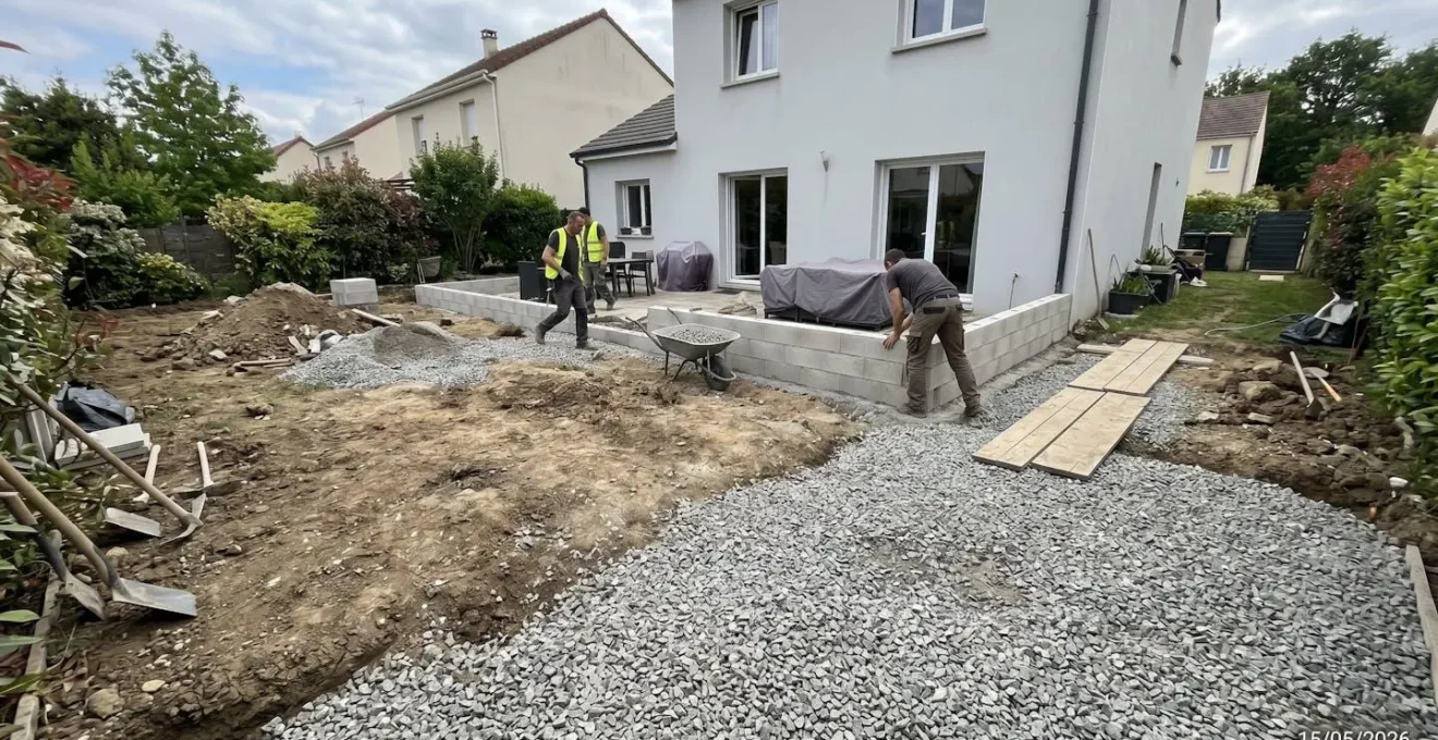 Jardin résidentiel en préparation avec couche de gravier drainant partiellement installée avant pose du gazon synthétique