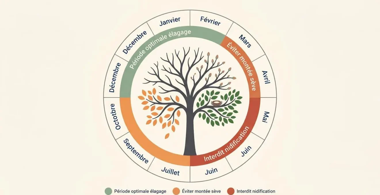 Calendrier circulaire illustré montrant les 4 saisons et les périodes optimales d'élagage en vert (hiver), à éviter en orange (printemps) et interdites en rouge (mi-mars à fin juillet pour nidification)