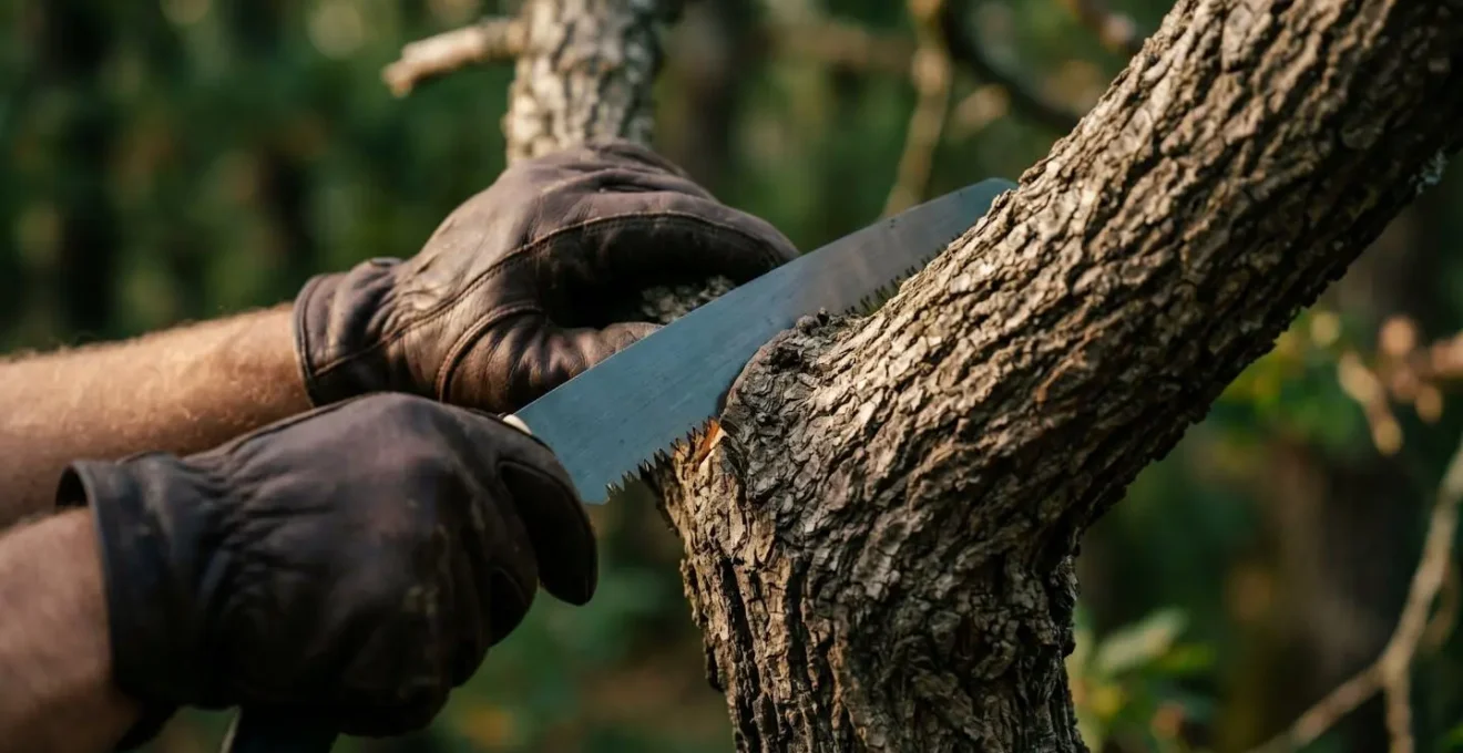 Gros plan sur des mains gantées positionnant une scie d'élagage professionnelle contre une branche de chêne, montrant le bourrelet cicatriciel intact, avec arrière-plan de feuillage vert flou