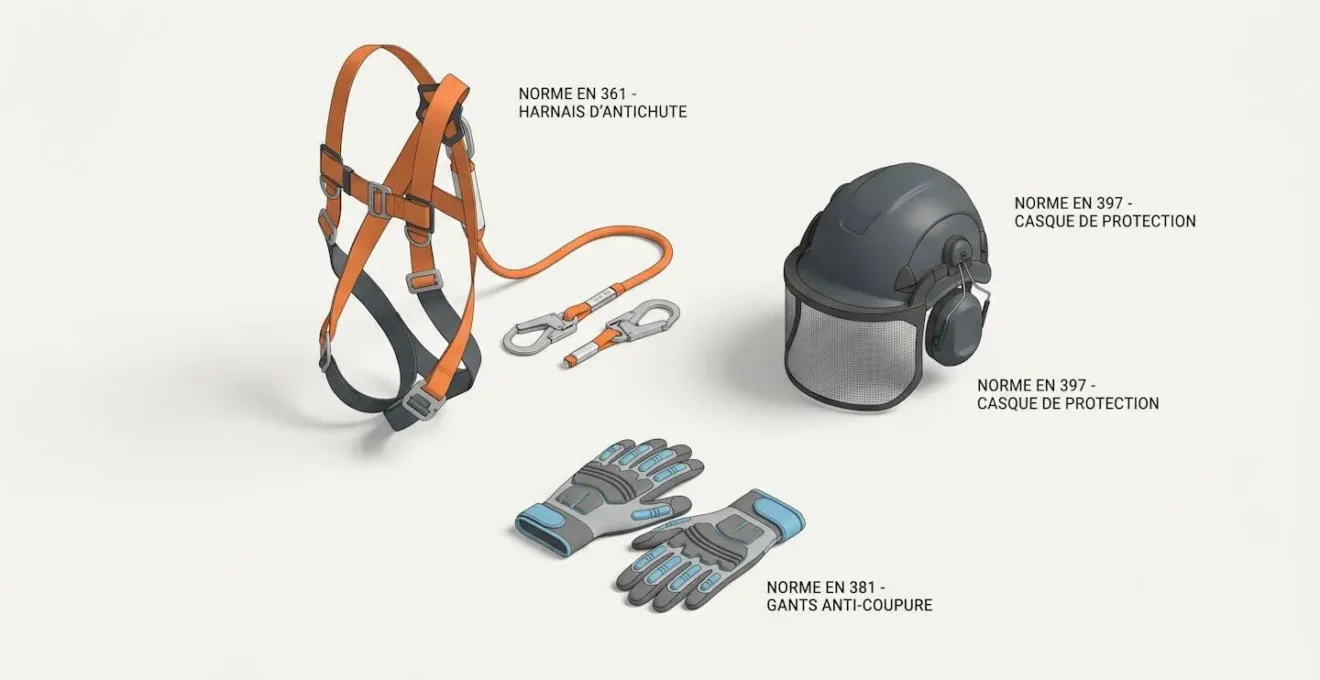 Illustration isométrique 3D montrant un harnais antichute, un casque forestier et des gants anticoupure avec leurs normes de certification EN respectives