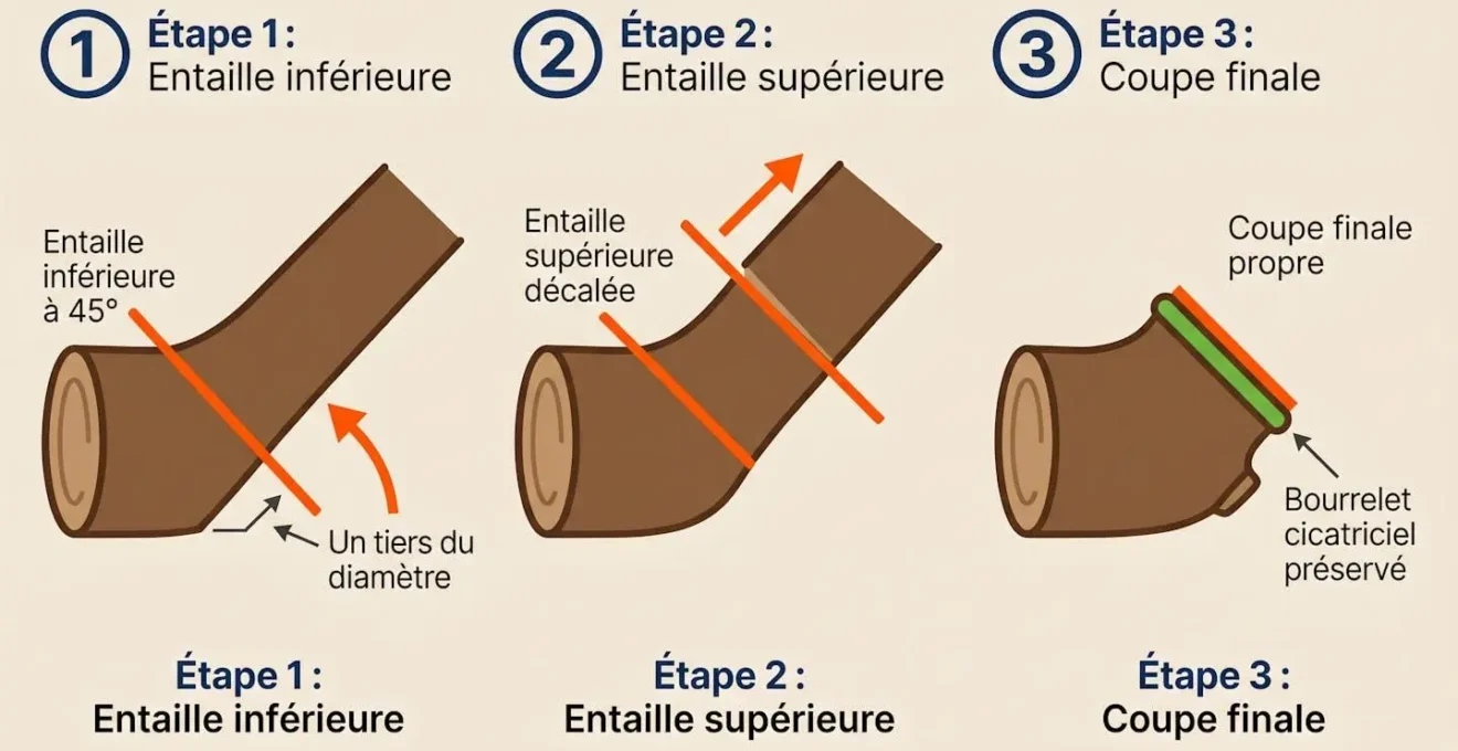 Schéma technique en 3 étapes montrant la méthode de coupe professionnelle d'une branche : entaille inférieure, supérieure puis coupe finale respectant le bourrelet cicatriciel